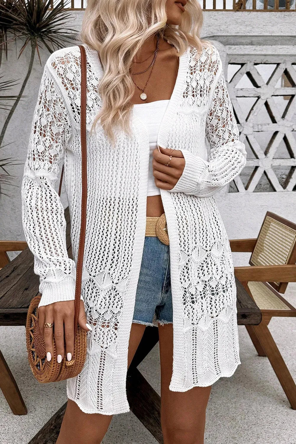 White Crochet Hollow Out Open Front Cardigan - Chic Meadow Boutique 