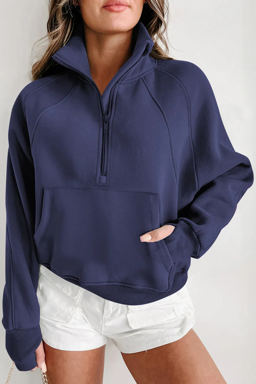 Navy Blue Fleece Lined Zip Up Stand Collar Thumbhole Sleeve Sweatshirt - Chic Meadow Boutique 