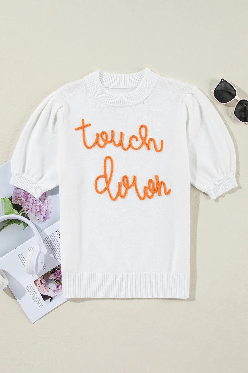 White Touchdown Tinsel Puff Short Sleeve Crew Neck Sweater - Chic Meadow Boutique 