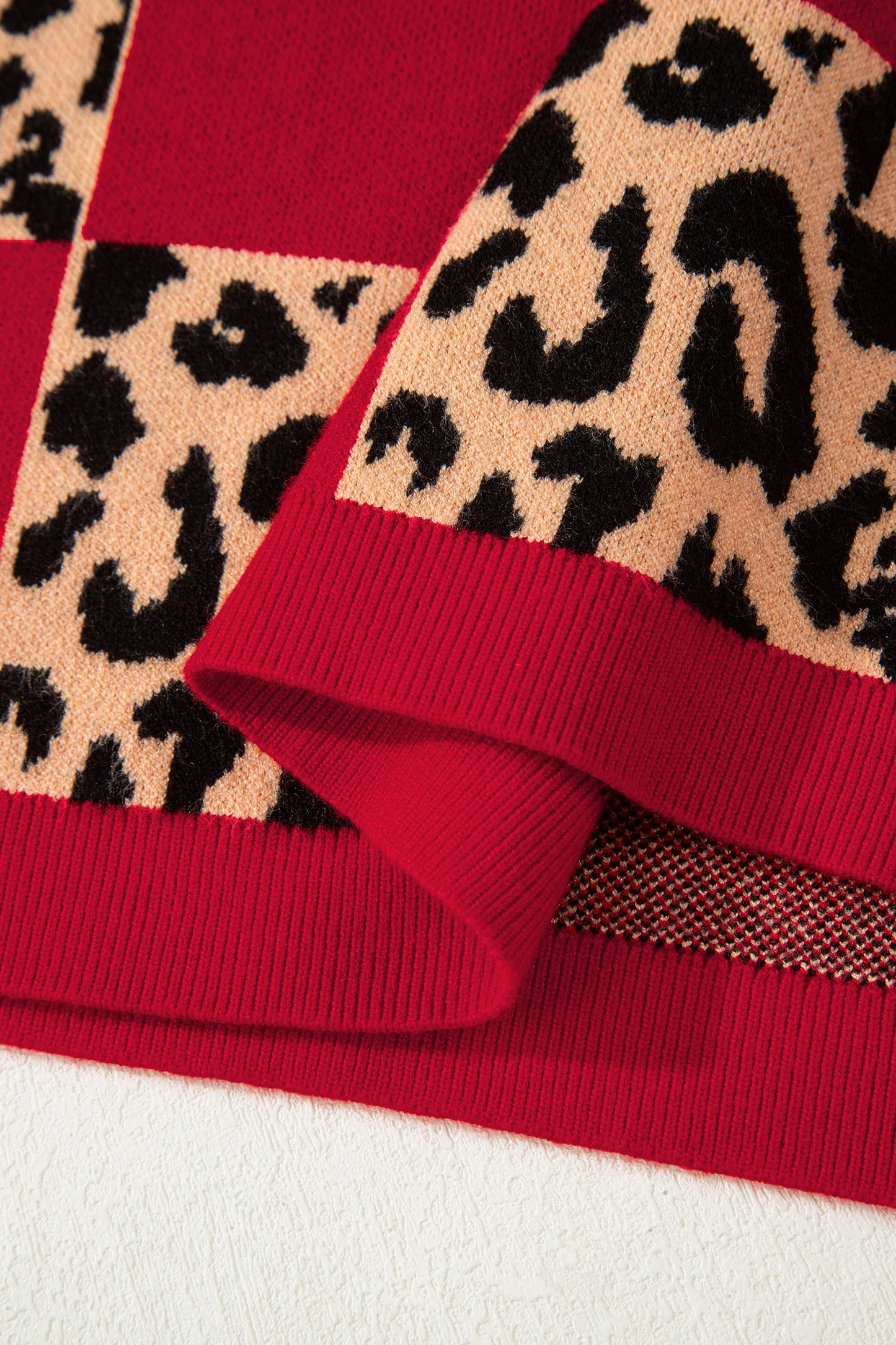 Red Leopard Checkerboard Short Sleeve Knit Sweater