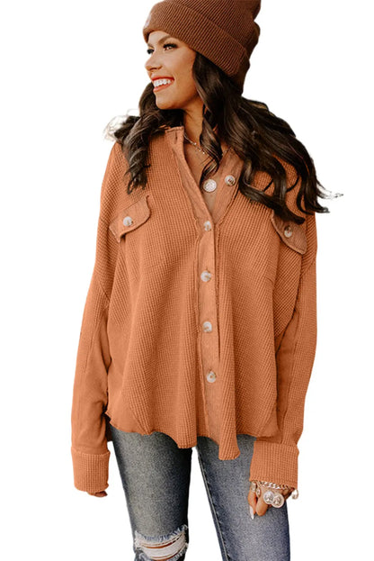 Gold Flame Button Flap Pocket Waffle Knit Shacket - Chic Meadow Boutique 