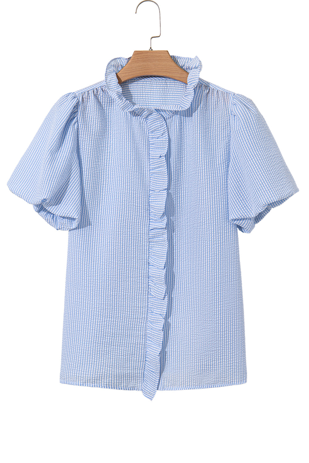 Beau Blue Striped Ruffle Short Bubble Sleeve Shirt