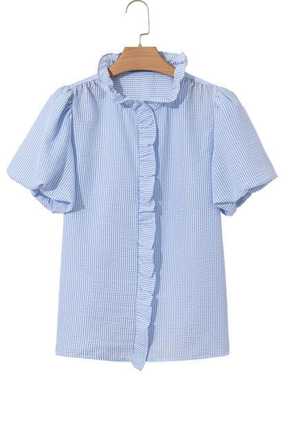 Beau Blue Striped Ruffle Short Bubble Sleeve Shirt