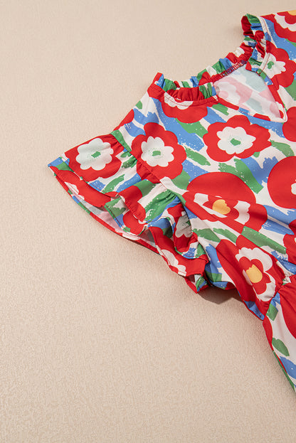 Red Plus Size Floral Print Ruffle Trim Split Neck Peplum Top