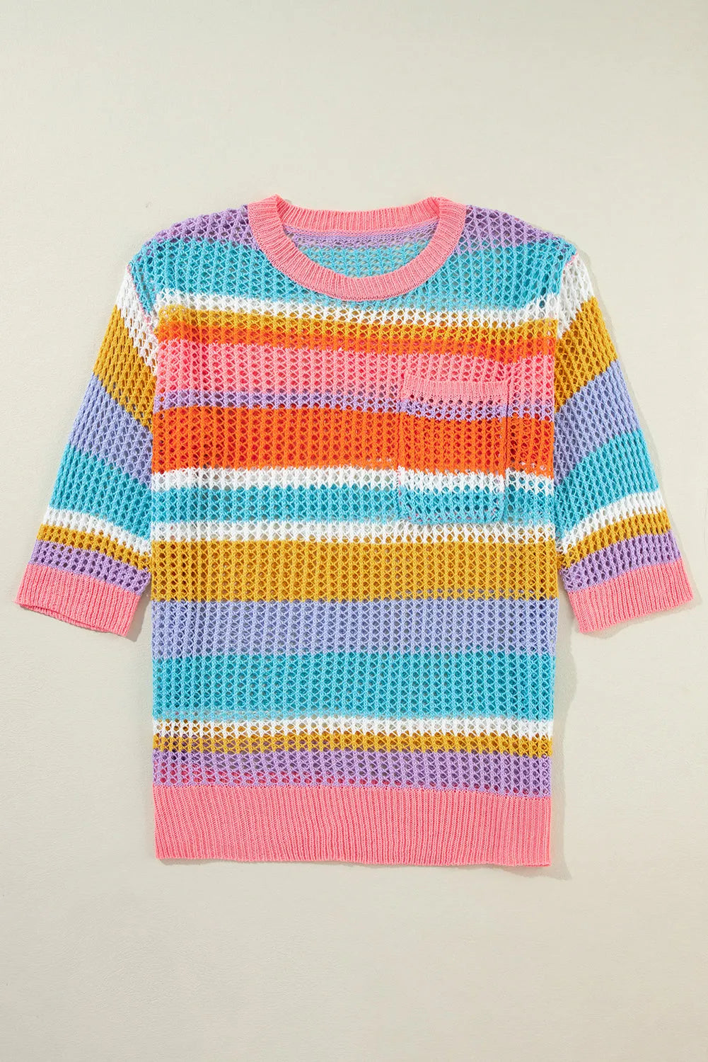 Pink Stripe Colorblock Hollowed Crochet 3/4 Sleeve Sweater - Chic Meadow Boutique 