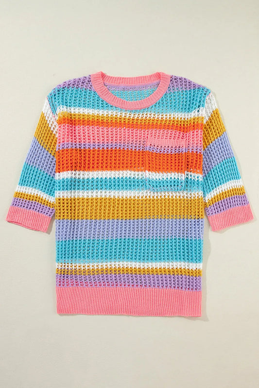 Pink Stripe Colorblock Hollowed Crochet 3/4 Sleeve Sweater - Chic Meadow Boutique 