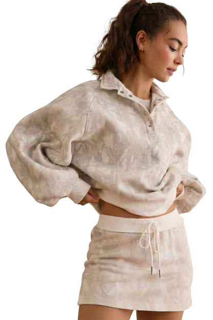 White Abstract Woodland Print Balloon Sleeve Pullover Drawstring Mini Skirt Set