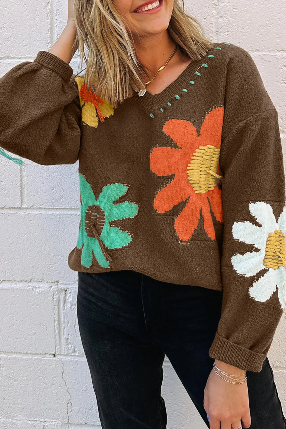 Coffee Big Flower Pattern V Neck Drop Shoulder Sweater - Chic Meadow Boutique 