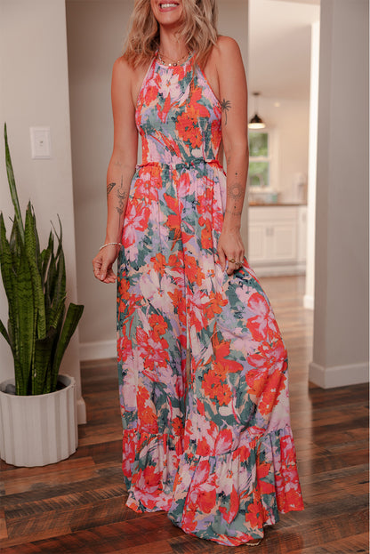 Multicolour Floral Print Smocked Halter Neck Sleeveless Wide Leg Jumpsuit