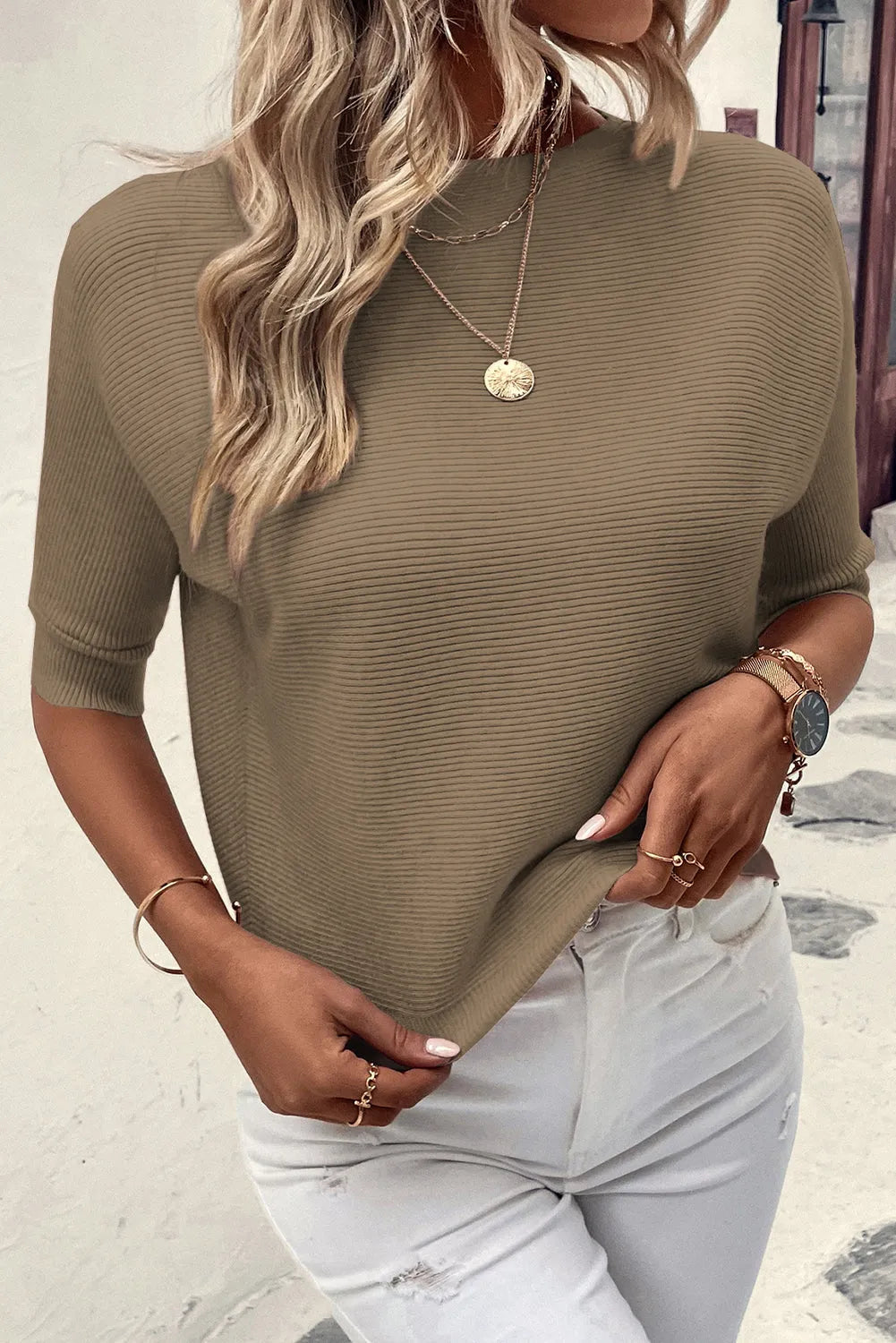 Coffee Round Neck Half Sleeve Ribbed Knit Top - Chic Meadow Boutique 