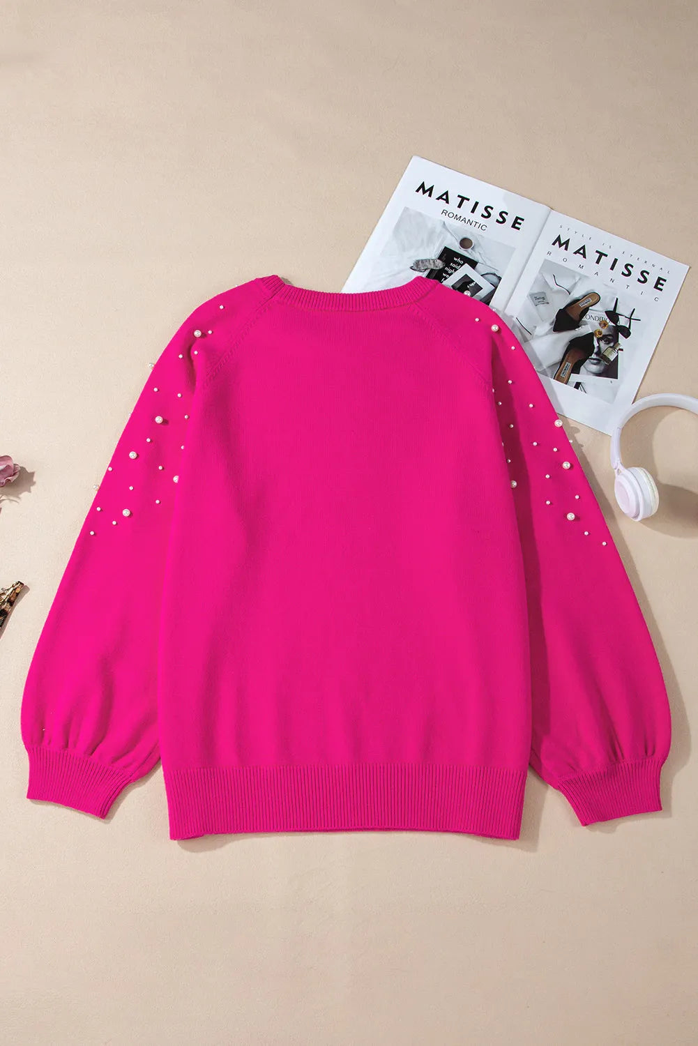 Strawberry Pink Pearled Decor Raglan Sleeve Plus Size Sweater - Chic Meadow Boutique 