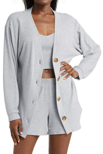 Light Grey 3 Pieces Rib Crop Camisole Matching Shorts Lounge Set with Cardigan