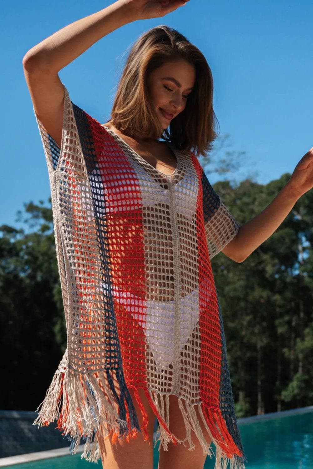 Swimwear/Beach Cover-ups Multicolor Striped Tassel Crochet V Neck Beach Cover Up