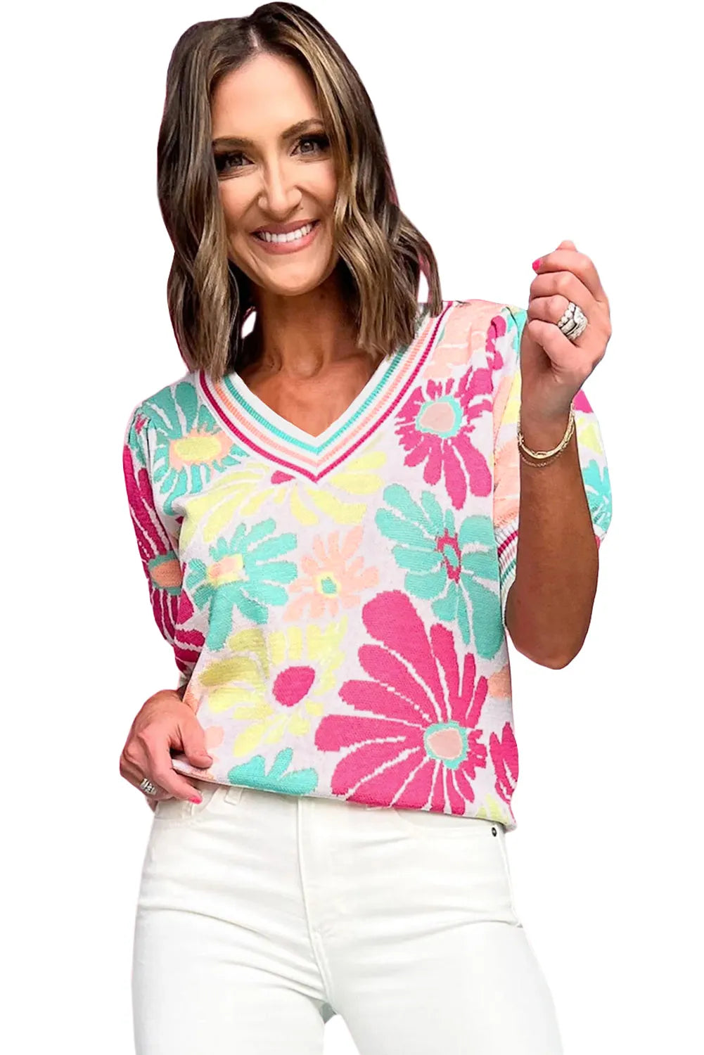 Multicolour Floral Print V Neck Short Sleeve Sweater - Chic Meadow Boutique 