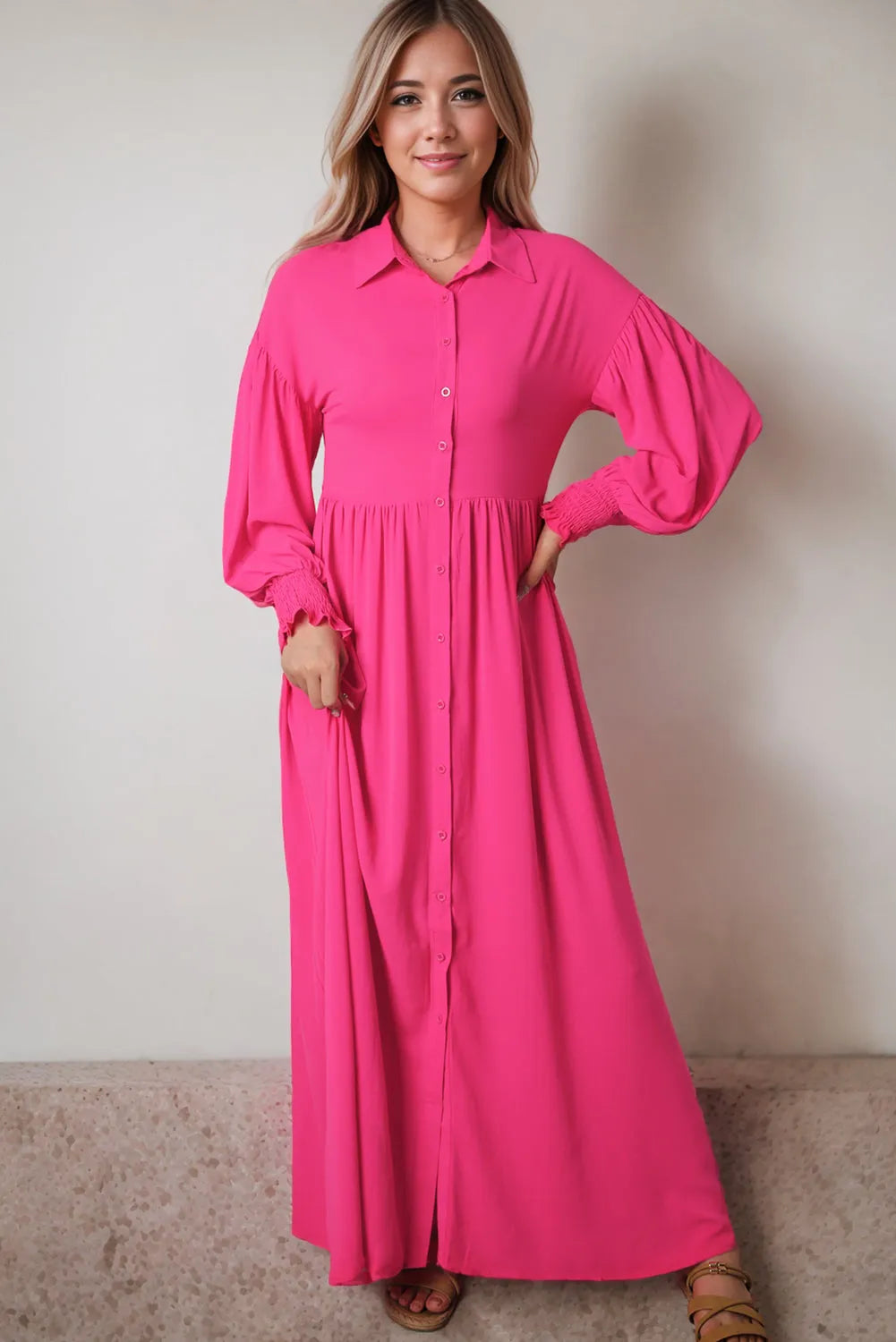 Rose Bubble Sleeve Shirt Maxi Dress - Chic Meadow Boutique 