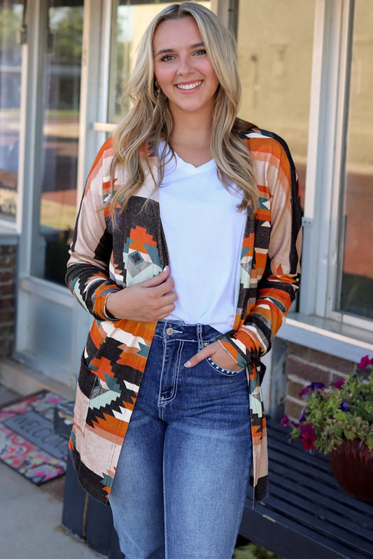 Orange Western Tribal Aztec Print Cardigan - Chic Meadow Boutique 