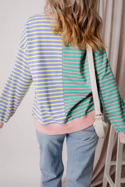 Casual Stripe Colorblock Drop Shoulder Oversize Sweatshirt - Chic Meadow Boutique 