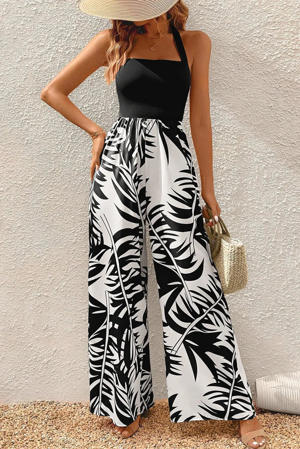 Black Halter Tropical Plant Print Wide Leg Jumpsuit - Chic Meadow Boutique 