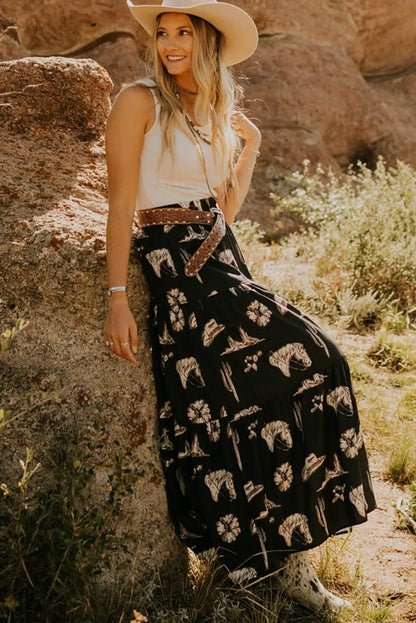 Black Western Print Tiered Ruffled High Waist Maxi Skirt - Chic Meadow Boutique 