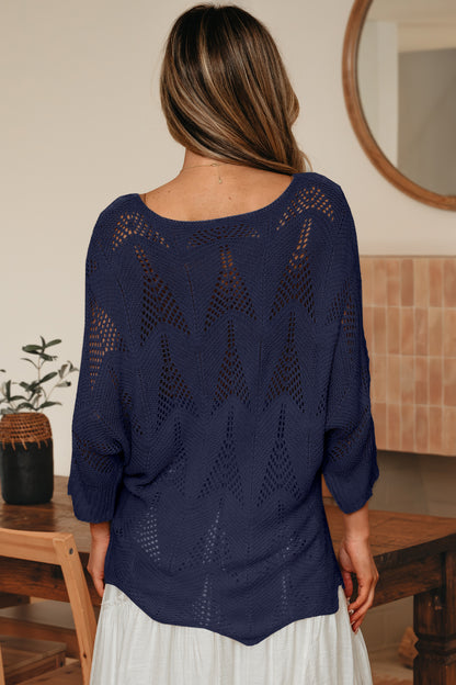 Navy Blue Hollow Out Knit 7/8 Sleeve Casual Sweater