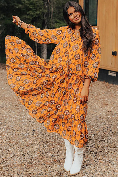 Orange Western Geometric Print Tiered Frilled Loose Fit Midi Dress - Chic Meadow Boutique 