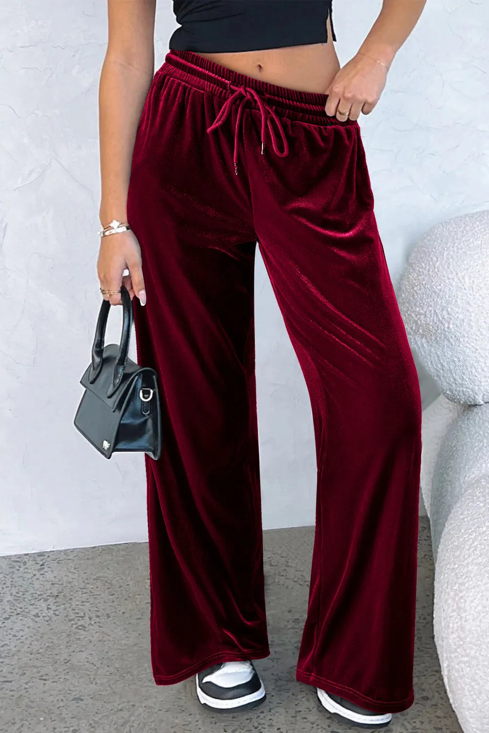 Burgundy Solid Drawstring Waist Wide Leg Pants - Chic Meadow Boutique 