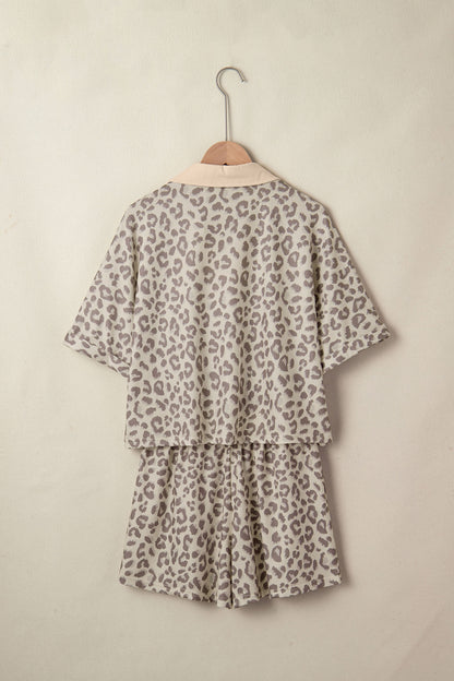 Khaki V Neck Collar Leopard Printed 2pcs Short Set