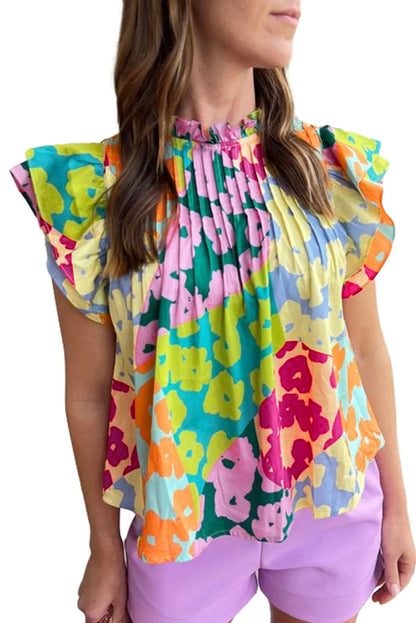 Multicolour Abstract Print Pleated Flutter Sleeve Blouse - Chic Meadow Boutique 