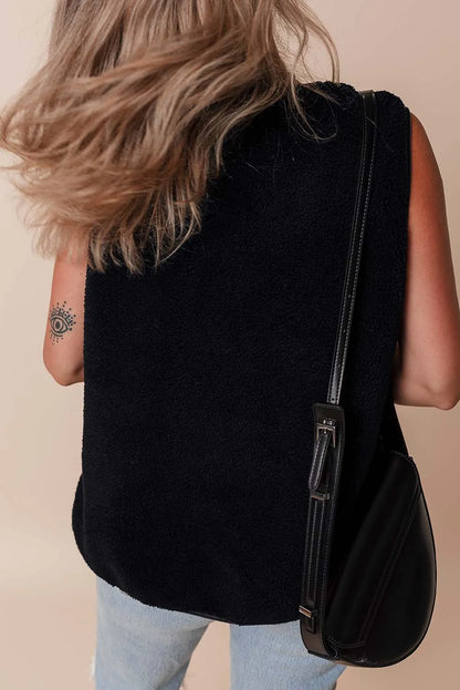 Black Leather Contrast Side Pockets Buttoned Fleece Vest - Chic Meadow Boutique 