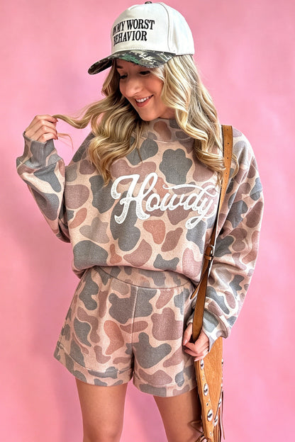 Multicolour Howdy Camouflage High Neck Long Sleeve Top and Shorts Set