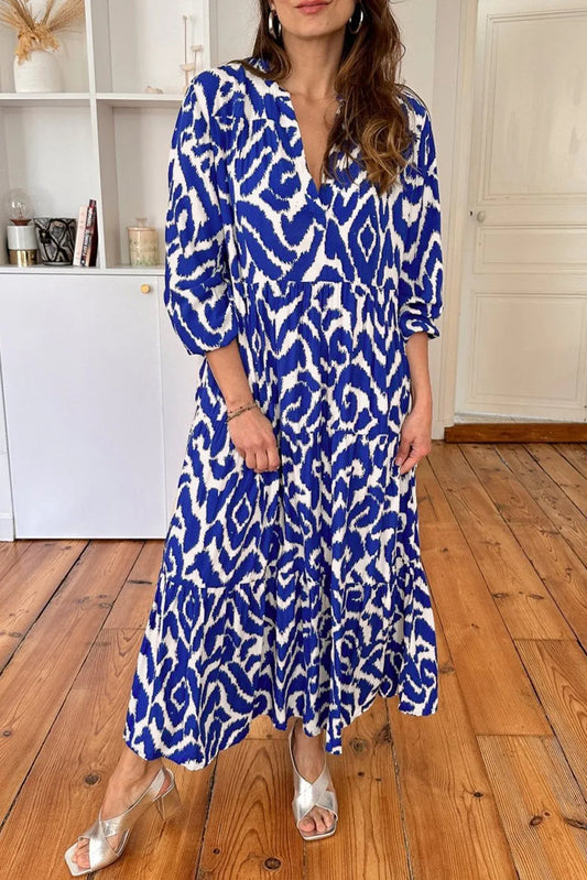 Blue Western Abstract Geometric Printed Maxi Dress - Chic Meadow Boutique 