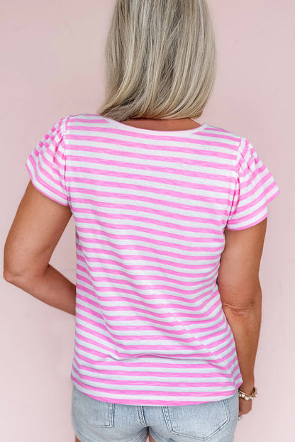 Bonbon Striped V Neck Ruffle Short Sleeve Top