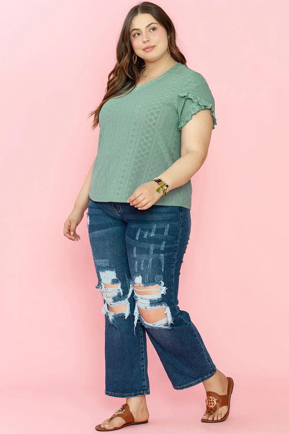 Plus Size/Plus Size Tops/Plus Size Blouses & Shirts Laurel Green Petal Sleeve Jacquard V Neck Curvy Blouse