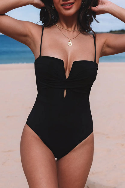 Black Twist Front Cut Out One-piece Swimsuit - Chic Meadow Boutique 