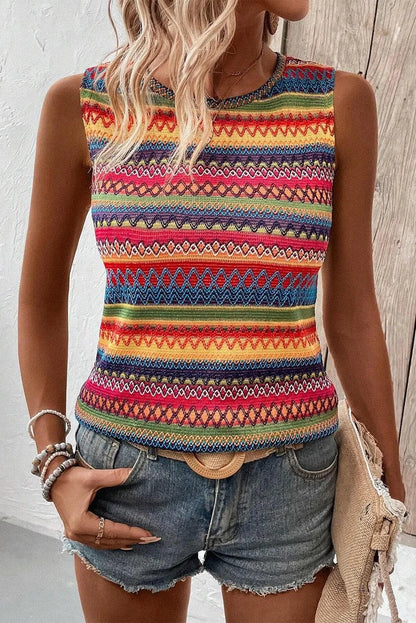 Tops/Tank Tops Yellow Ethnic Wavy Pattern Round Neck Sleeveless Top