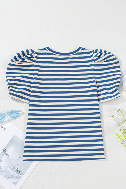 Blue Stripe America Cursive Graphic Puff Sleeve T-shirt