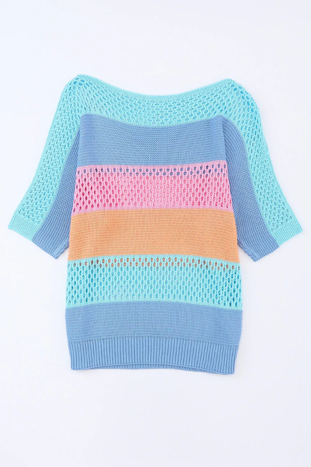 Sky Blue Knitted Eyelet Colorblock Striped Half Sleeves Top - Chic Meadow Boutique 