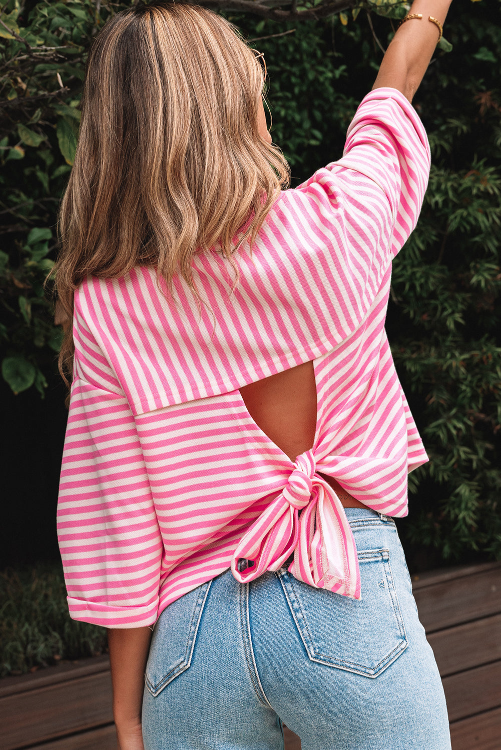 Pink Stripe Bowknot Cutout Back Drop Shoulder Wide Bracelet Sleeve Loose Tee