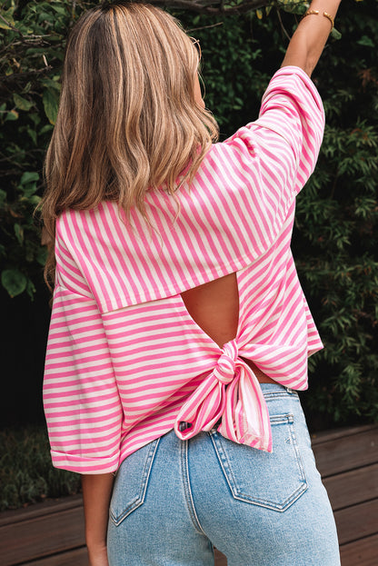 Pink Stripe Bowknot Cutout Back Drop Shoulder Wide Bracelet Sleeve Loose Tee