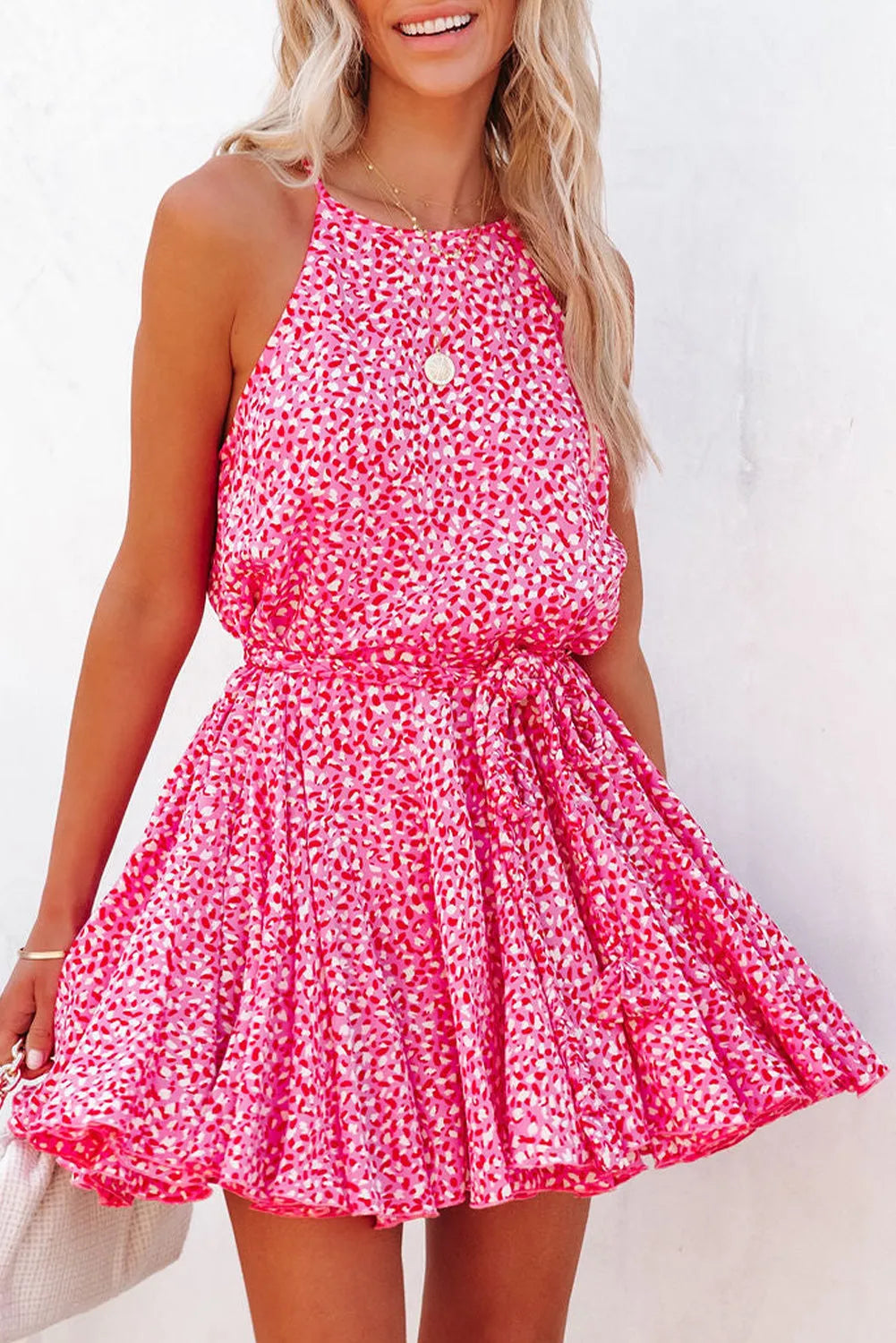 Pink Leopard Print Sleeveless Mini Dress with Waist Tie - Chic Meadow Boutique 