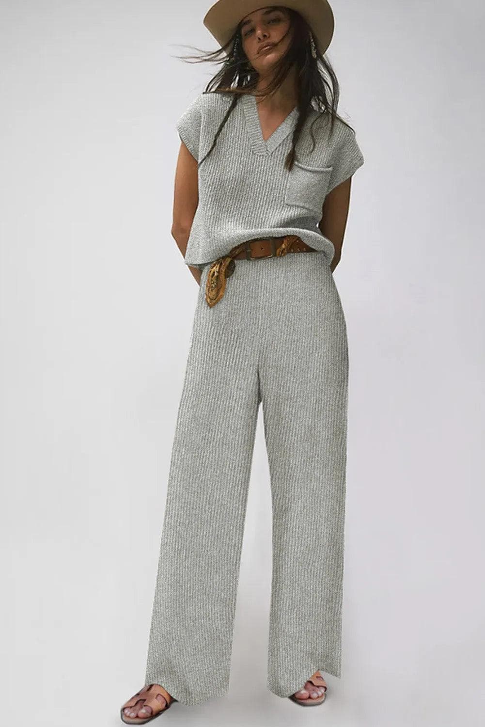 Two Piece Sets/Pant Sets Gray Knitted V Neck Sweater and Casual Pants Set