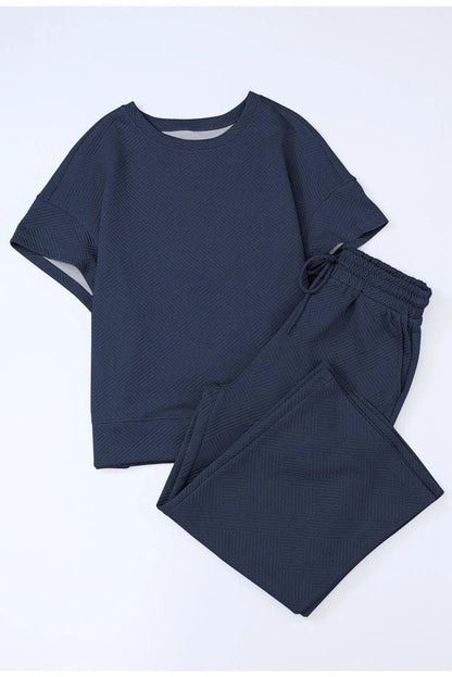 Navy Blue Textured Loose Fit T Shirt and Drawstring Pants Set - Chic Meadow Boutique 