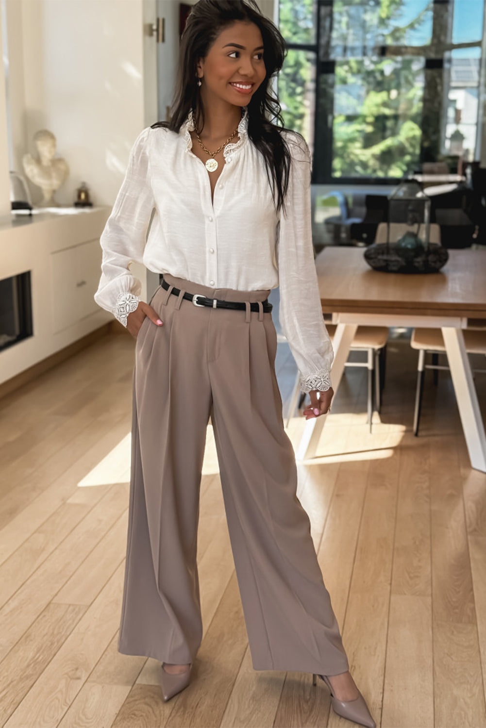 White Lace Patchwork Buttoned Stand Neck Loose Shirt