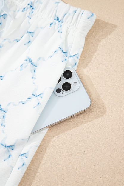 Sky Blue Bow Knot Geometric Print Lettuce Trim Two Piece Lounge Set