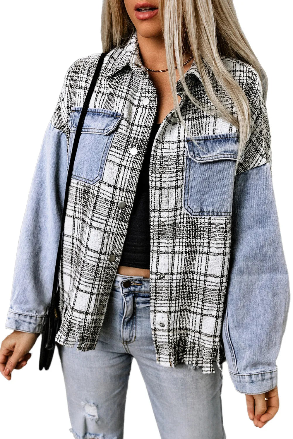 Sky Blue Plaid Patchwork Fringed Flap Pockets Denim Jacket - Chic Meadow Boutique 