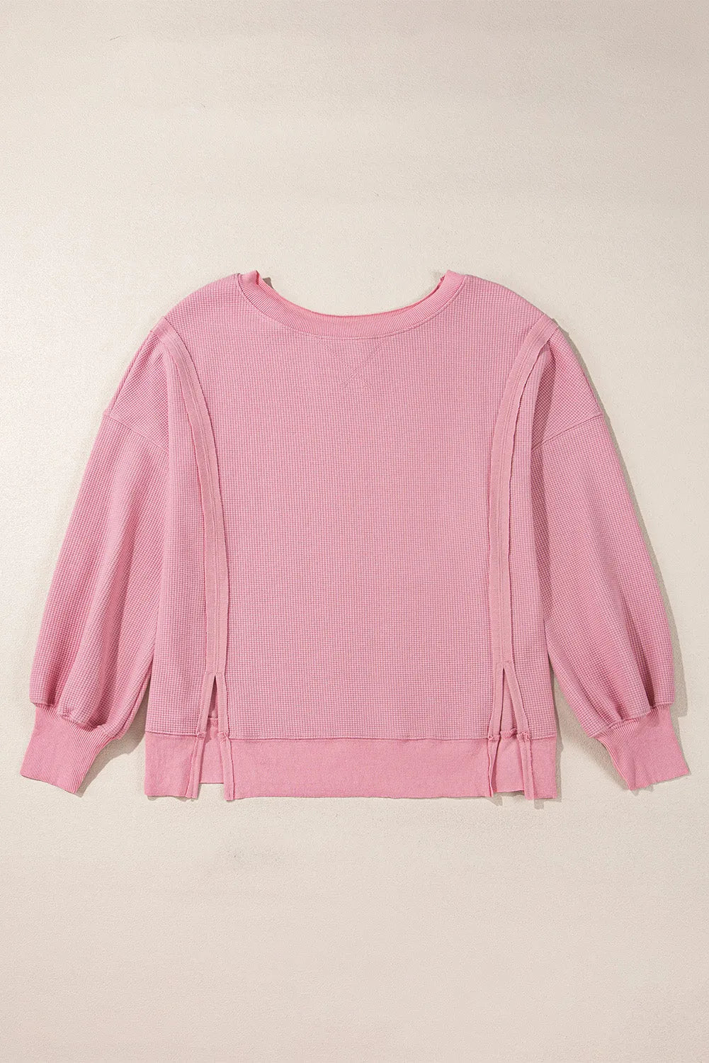 Pink Waffle Knit Bishop Sleeve Split Oversized Sweatshirt - Chic Meadow Boutique 