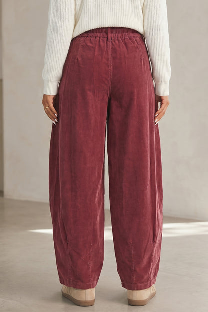 Racing Red Elastic Waist Drawstring Corduroy Casual Pants