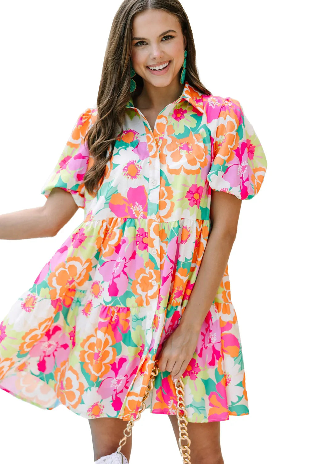 Dresses/Floral Dresses Pink Floral Puff Sleeve Collar Buttoned Babydoll Dress