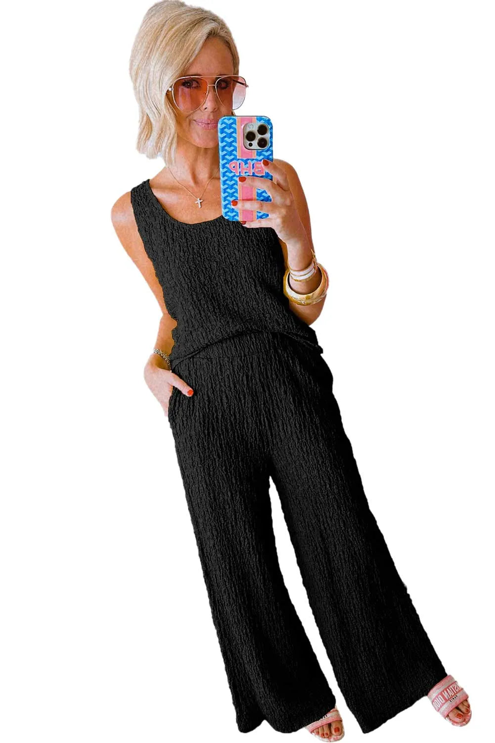 Black Crinkled U Neck Tank Top and Wide Leg Pants Set - Chic Meadow Boutique 