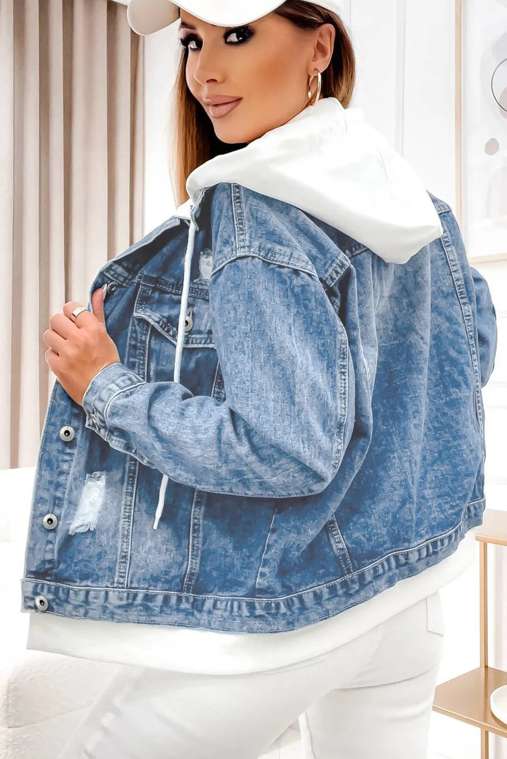 Sky Blue Distressed Contrast Hooded Denim Jacket with Pockets - Chic Meadow Boutique 